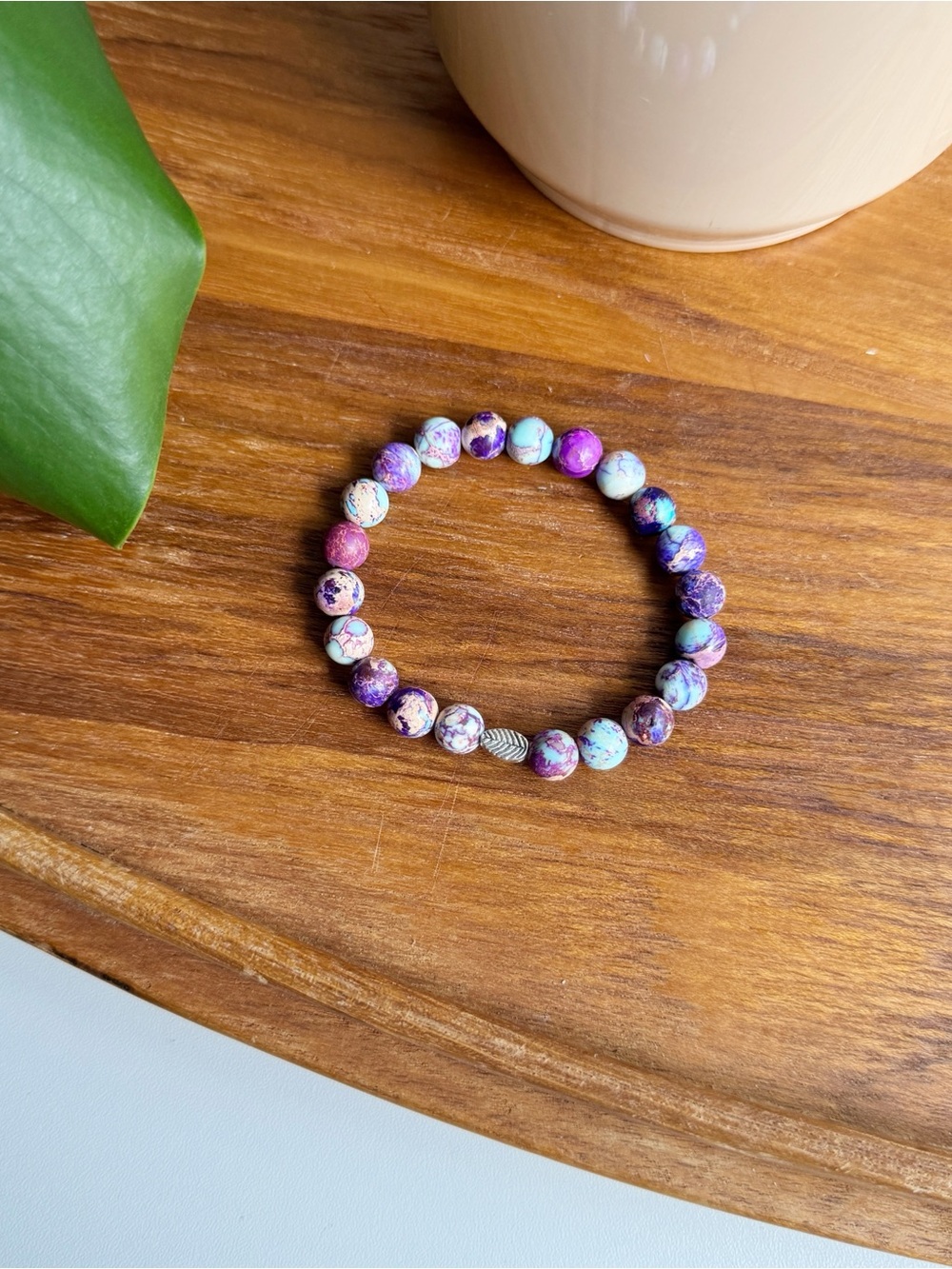 Purple Turquoise Sea Sediment Jasper Beaded Silver Leaf Charm Bracelet